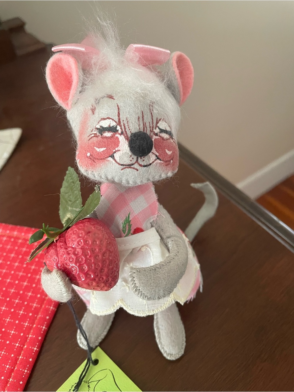 Vintage Annalee Mouse Doll Pink Gingham Dress Strawberry